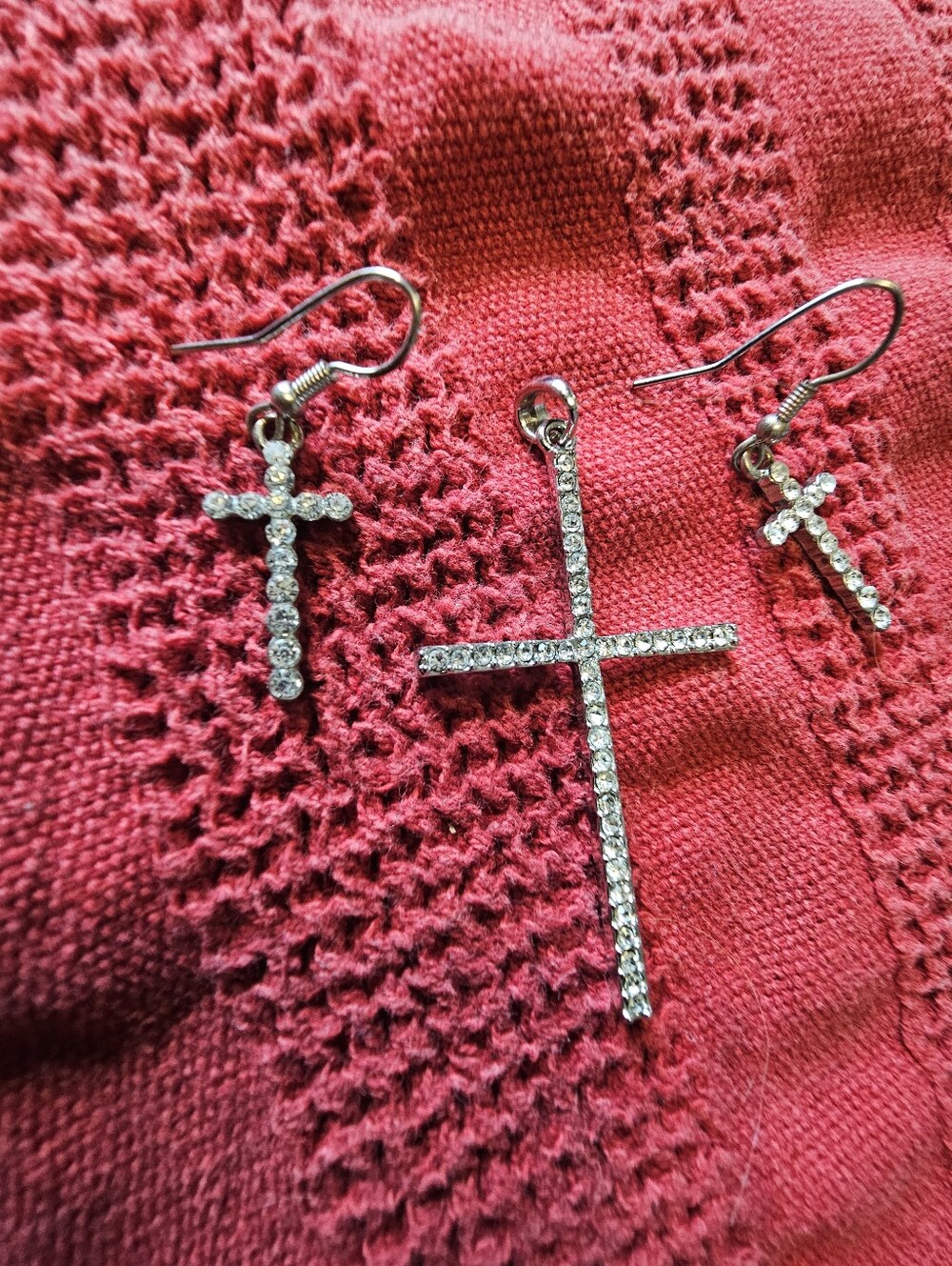 Silver Cross Pendant With White Stones And Matching Earrings